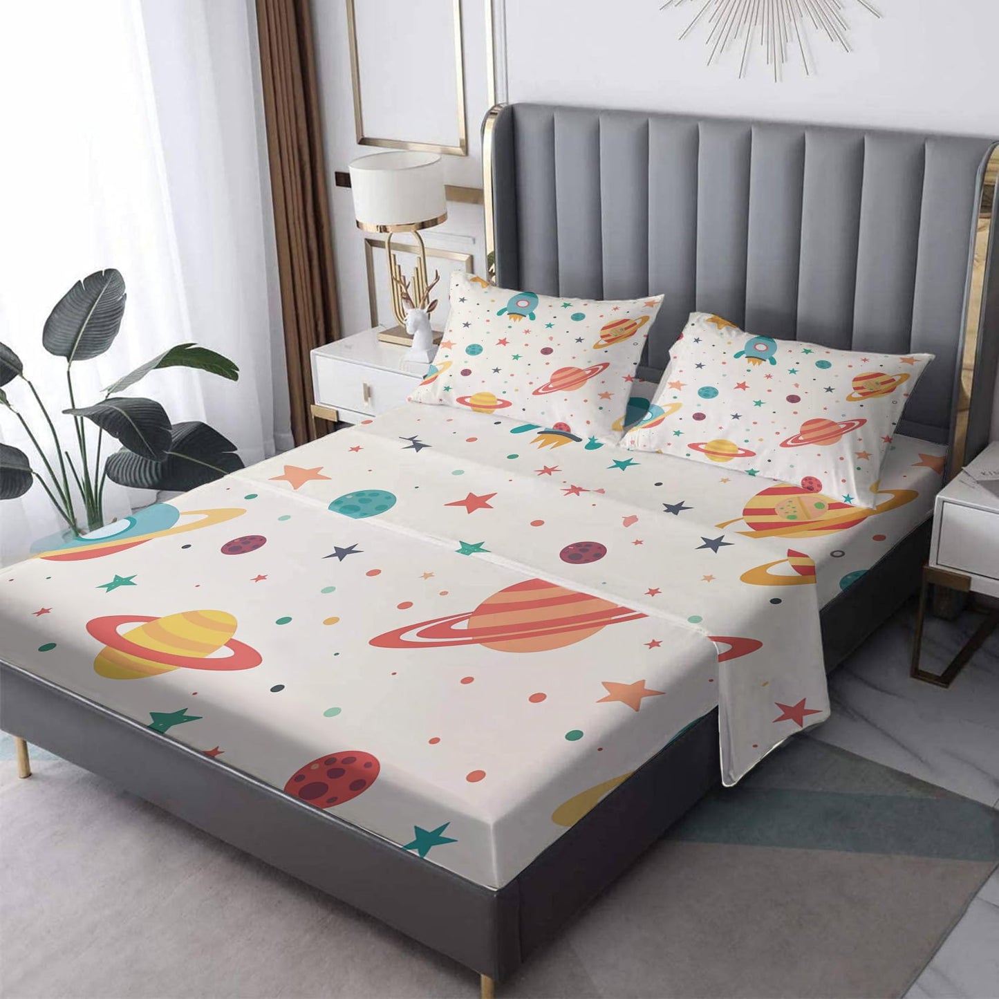 NOGAWA Outer Space Sheets California King Size, Star Planet Rocket Cartoon Bed Sheets, Bedding Sheets & Pillowcases 4 Piece Set - Soft Microfiber Deep Pocket Fitted Sheet & Flat Sheet & 2 Pillow Cases