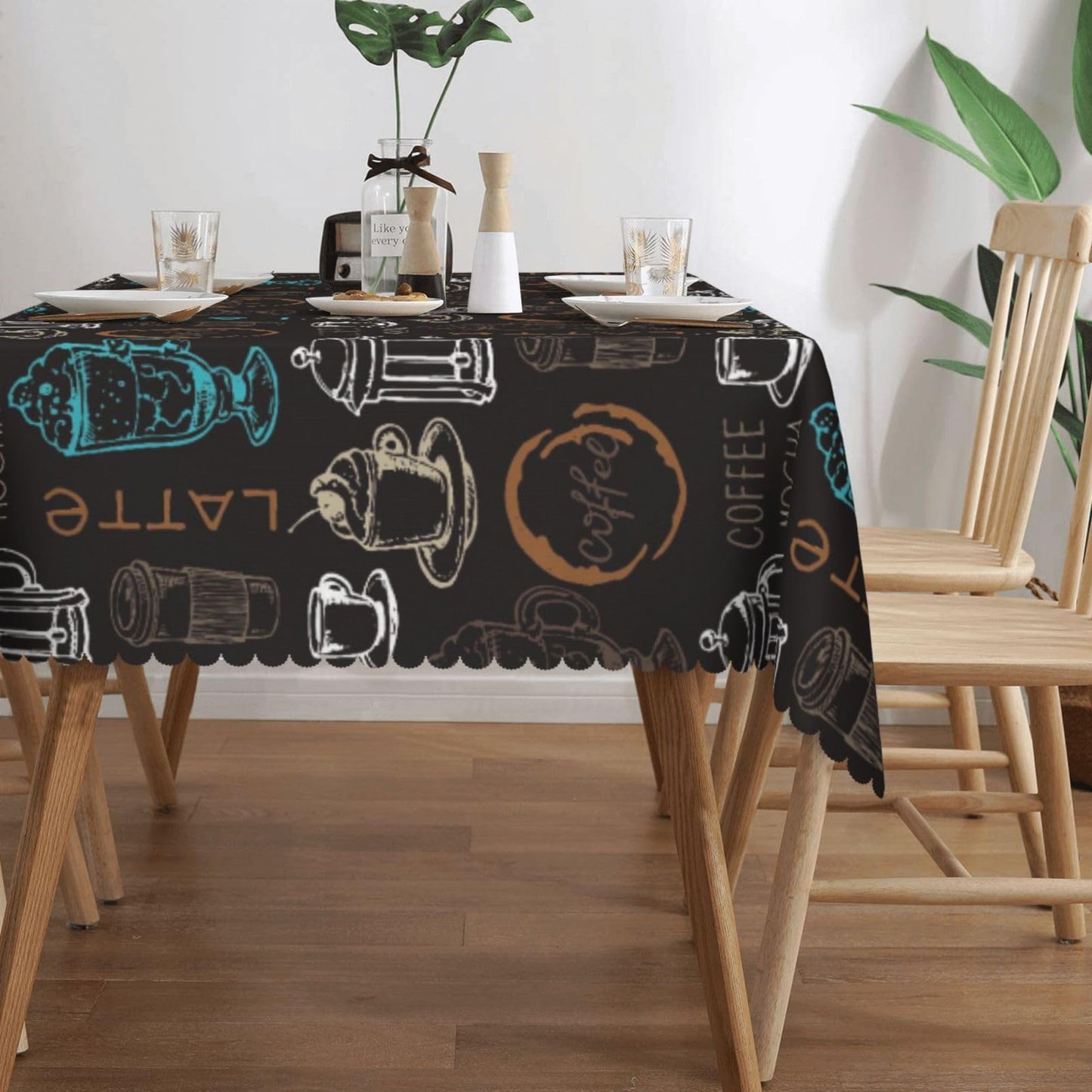DRAVVIX Doodle Coffee Pattern Rectangular Tablecloth Latte Coffee Table Cloth with Wavy Lace Decoration Polyester Table Cover for Dining, Parties 54x72 inch