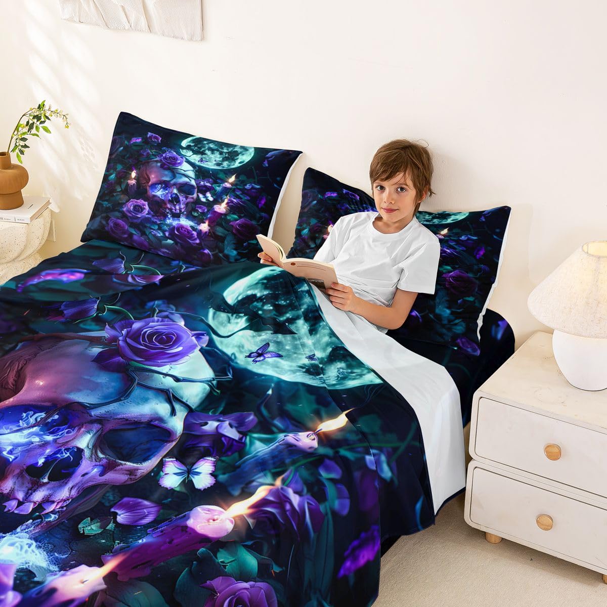 Feelyou Sugar Skull Bed Sheets Set Full Size Halloween Themed Bed Set for Kids Boys Girls Rose Floral Flower Deep Pocket Fitted Sheet Butterfly Breathable Soft Lightweight Microfiber Candles