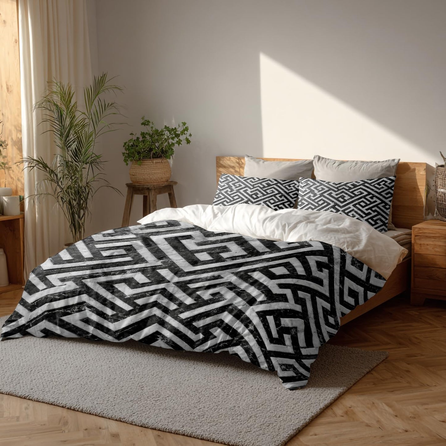 Batmerry Greek Key Geometric King Size 100% Cotton Duvet Cover Sets, Modern Texture Monochrome Swatch Bedding Set with Zipper Closure Corner Ties, 3 Pieces (1 Cover + 2 Pillowcases No Comforter)