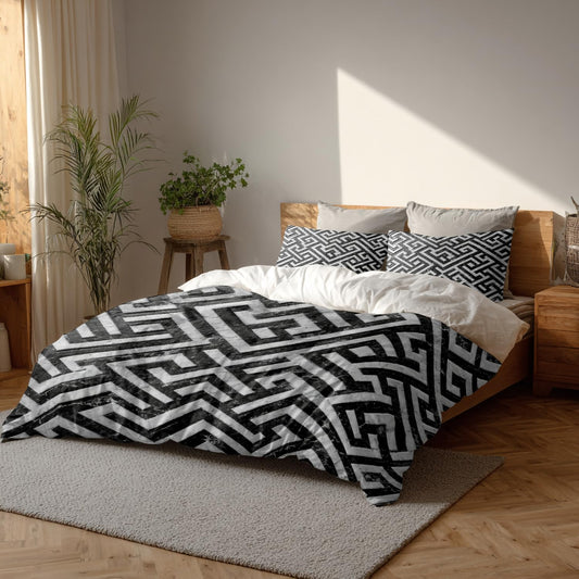 Batmerry Greek Key Geometric King Size 100% Cotton Duvet Cover Sets, Modern Texture Monochrome Swatch Bedding Set with Zipper Closure Corner Ties, 3 Pieces (1 Cover + 2 Pillowcases No Comforter)