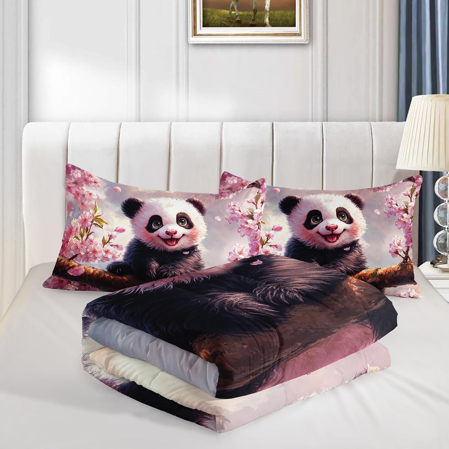 Kawaii Black White Panda Comforter 3Pcs Queen Wild Animal Bear Bedding Set