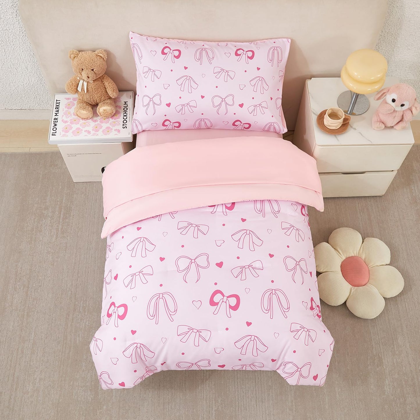 URBONUR 4 Piece Toddler Bedding Set - Soft and Breathable Crib Bedding Set for Girls, Includes Comforter, Fitted Sheet, Flat Top Sheet and Envelope Pillowcase, Pink Bow