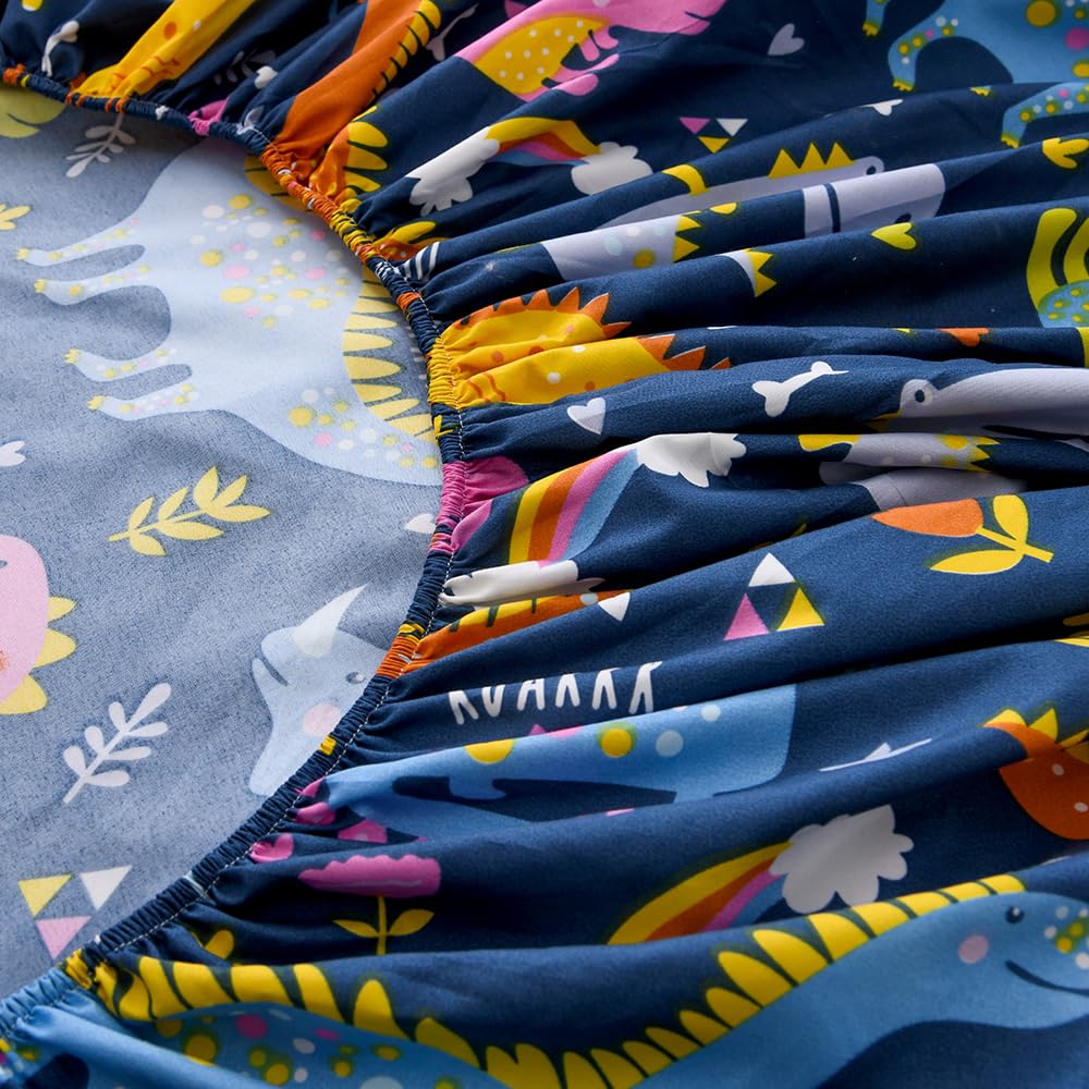 KWLOVER Soft Bed Fitted Sheet and Pillowcases Set,2PC Dinosaur Printed Bed Sheets for Kids Boys Twin Size Bed (Navy Blue Dino, Twin)