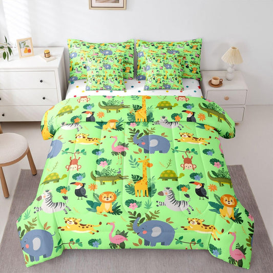 Cartoon Animal Bed in a Bag Queen Comforter Set 7 Piece | Giraffe Tiger Lion Bedding Sets Flamingo Zebra Crocodile Turtle Elephant Comforter and Sheet Set,Jungle Woodland Green Palm Leaves Bed Sets