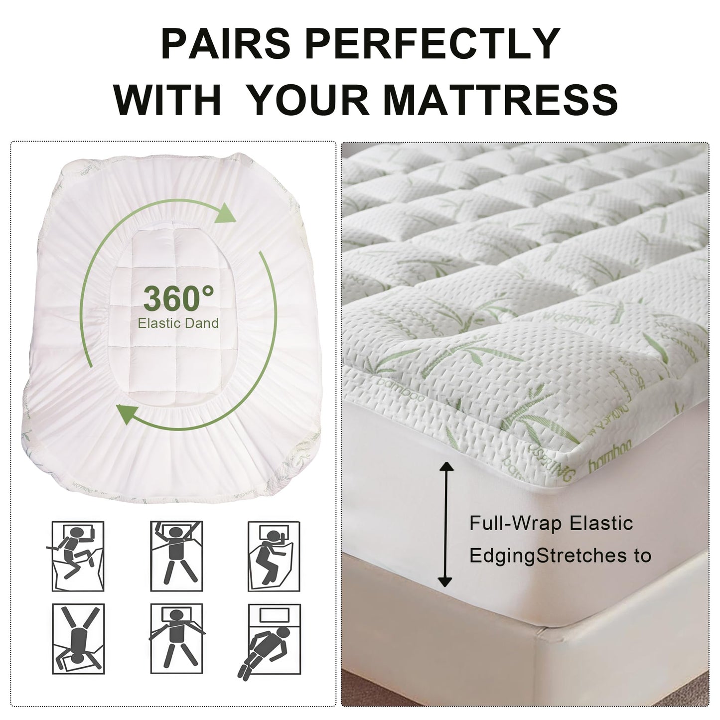 3 Inch Memory Foam Mattress Topper Queen Size Viscose from Bamboo Extra Thick 1300 GSM Quilted Fitted Protector Pillow Top Cover for Back Pain Deep Pocket Up to 21 Inches
