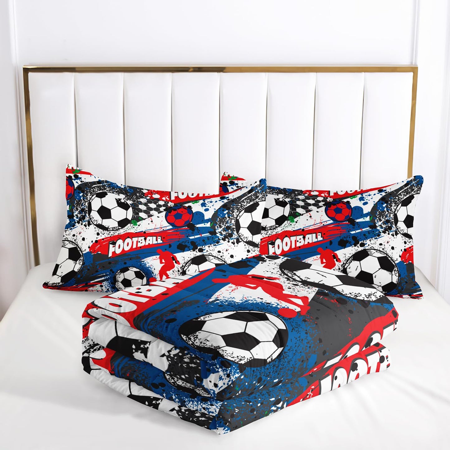 lneffble Full Size Comforter Set for Boys Soccer，Sport Full Bedding Sets for Boys with 1 Comforter with 2 Pillow Case