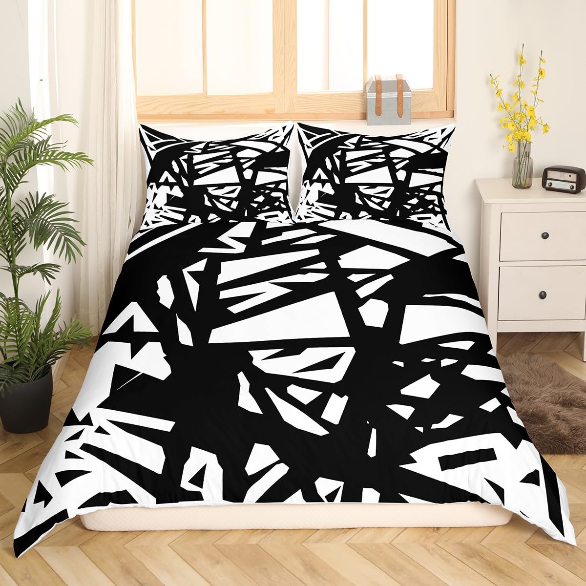 Feelyou Kids White and Black Bedding Set Queen Size Geometric Stripes Comforter Cover Set for Boys Girls Modern Striped Art Duvet Cover Abstarct Art Bedspread Cover (No Comforter)