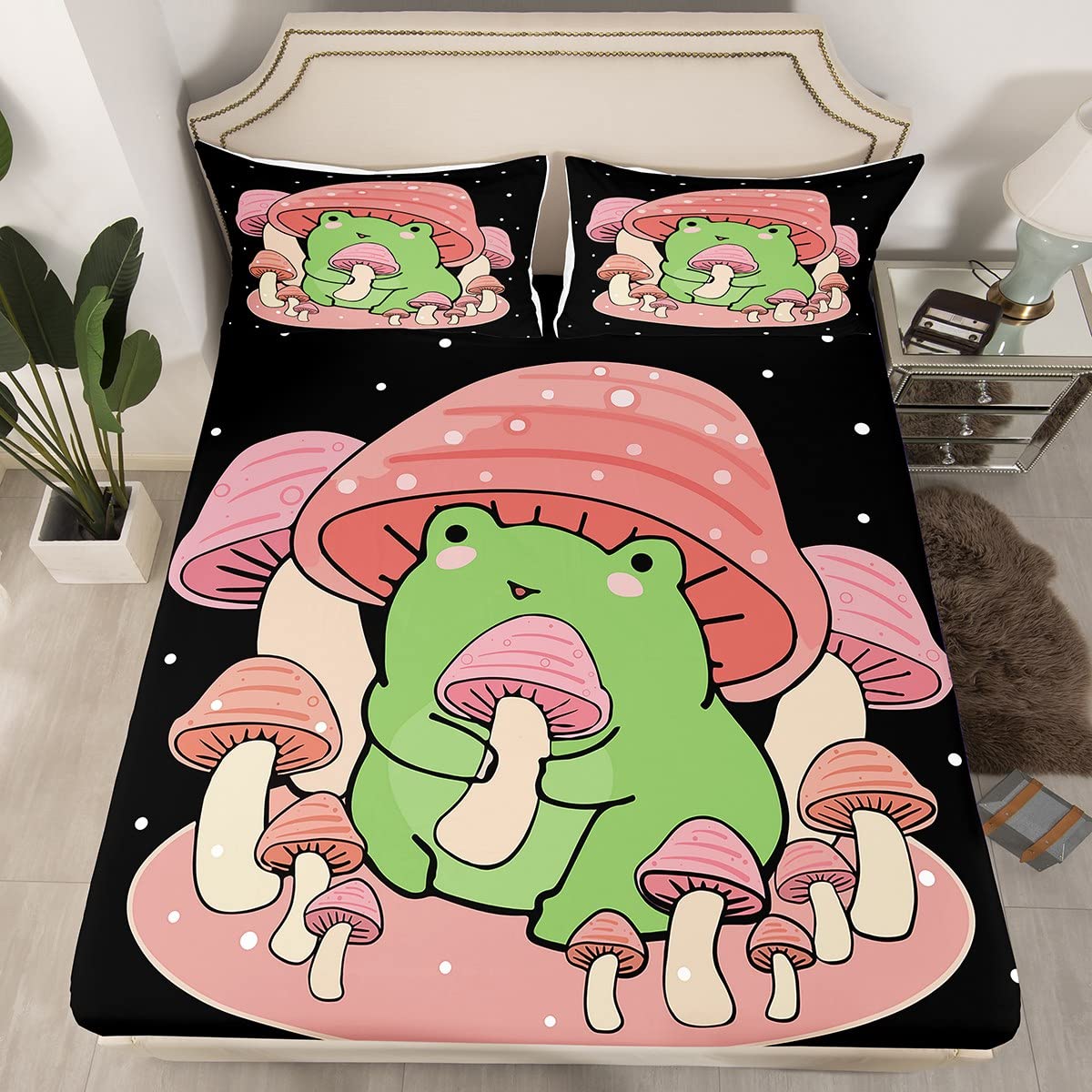 Feelyou Cartoon Mushroom Frog Bedding Fitted Sheet Cute Frog Bed Sheet Set for Kids Boys Girls Natural Wild Fungus Bedding Sheets Pink Mushroom Bed Cover 1 Bed Sheet Set with 2 Pillowcases Full Size