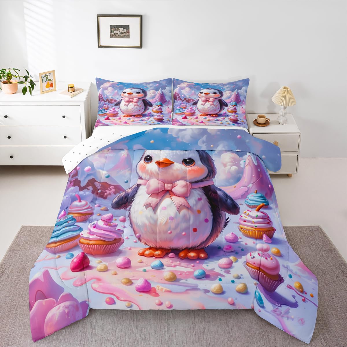 Erosebridal Cute Penguin Comforter Set Queen Kawaii Penguin Bedding Set Antarctica Animals Wildlife Print Comforter for Kids Boys Girls,Colorful Desserts Quilt Duvet