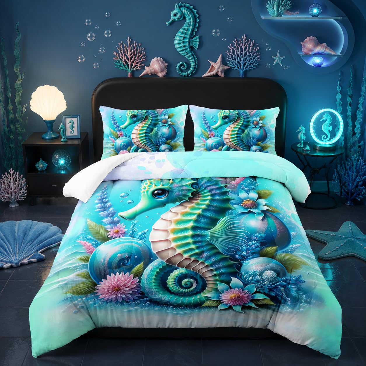 Green Seahorse Comforter 3Pcs Twin Tie-dye Blue Ocean Animal Bedding Set