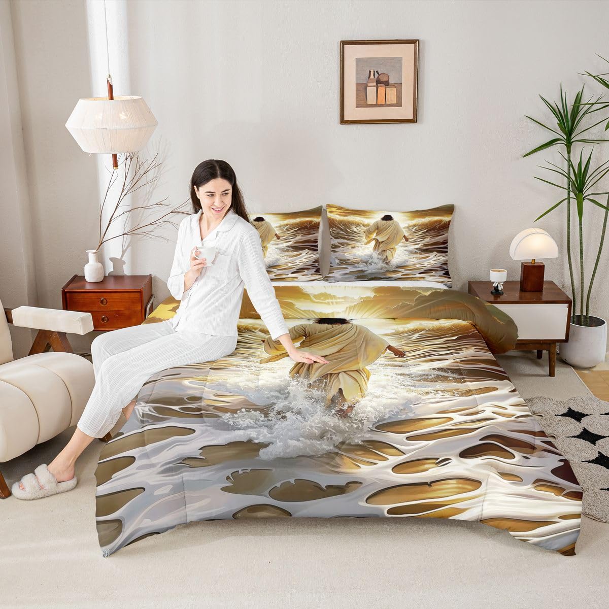 Manfei God Walking on Water Girls Bedding Set Twin Size,Bible Verse Western Faith Comforter Set,Golden Ocean Divine Light Quilt Comforter Girls Boys Teens,Golden Room Decor All Season,1 Pillowcase