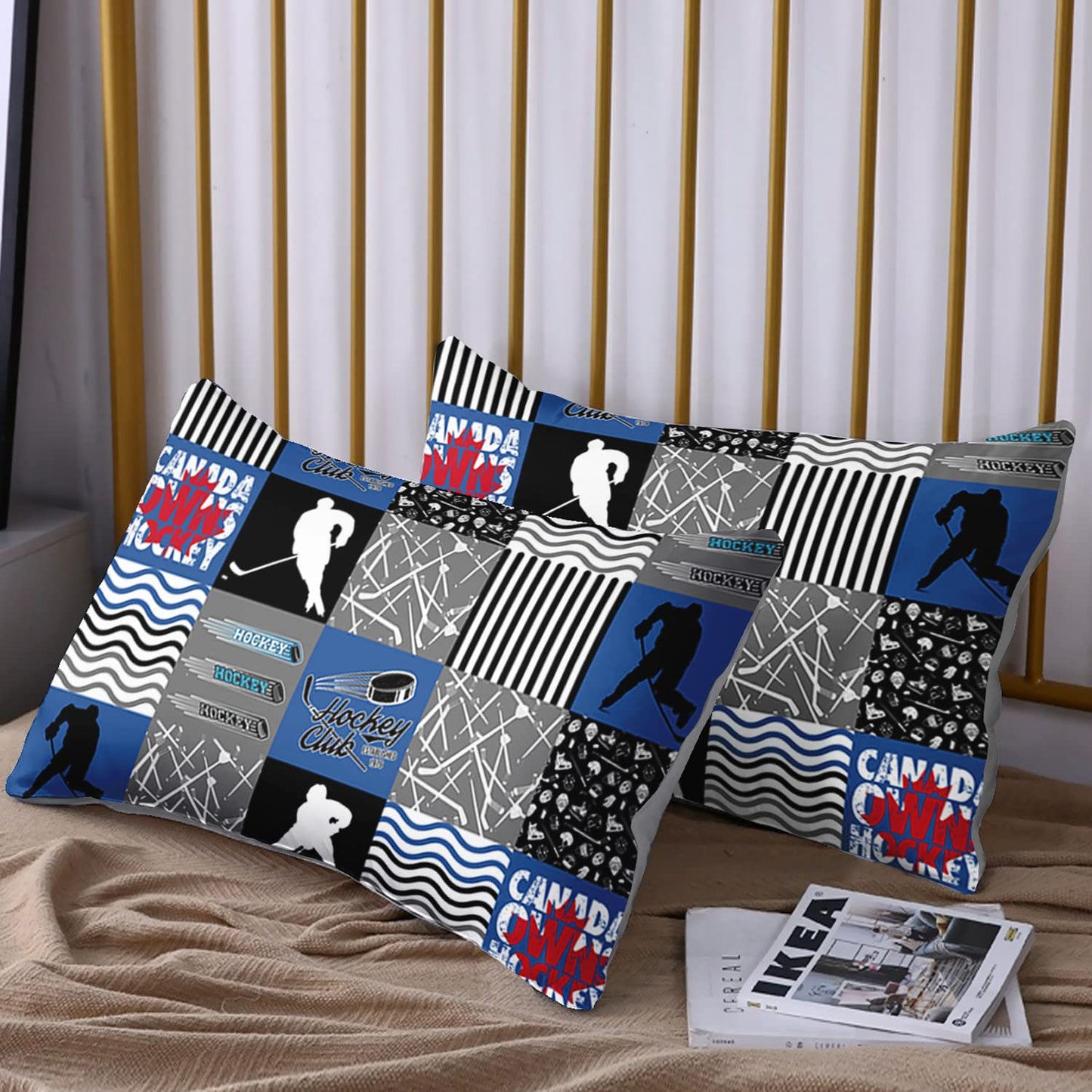 HOSIMA Hockey Fitted Sheets,Ice Hockey Player Bedding Set Twin Size,Lattice Bed Cover with Deep Pocket Cartoon Bedding for Kids Boys Girls Gift,1 Fitted Sheet with 2 Pillow Cases.
