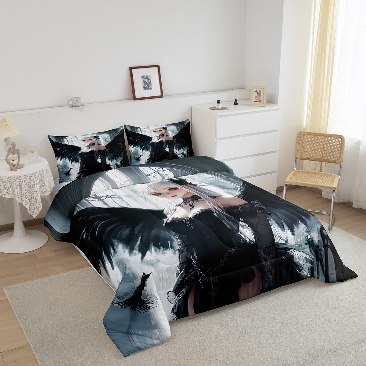Erosebridal Anime Girl Bedding Set Twin Size, Kawaii Japanese Anime Comforter for Kids Boys Teens Adult, Cartoon Girl Quilt Japan Animation Bedroom Decor, Machine Washable, Black White