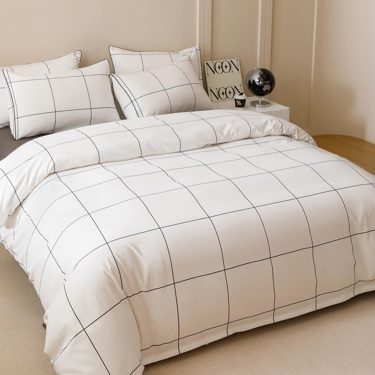 KAREVER White Grid Comforter Full Women Black Square Lines Checkered Bedding Set Full White Plaid Comforter Full Size