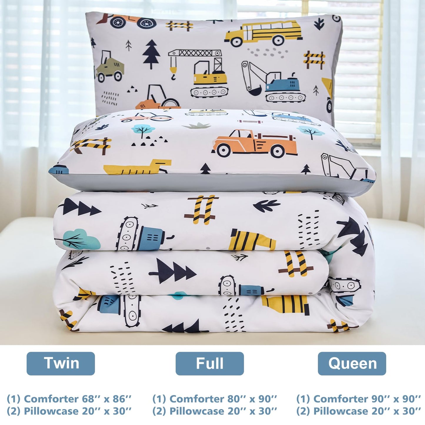 WINLIFE Construction Twin Comforter Set for Boys 3-Piece Teen Kids Bedding Reversible Lightweight Microfiber Forest Vehicles Car Bed Set