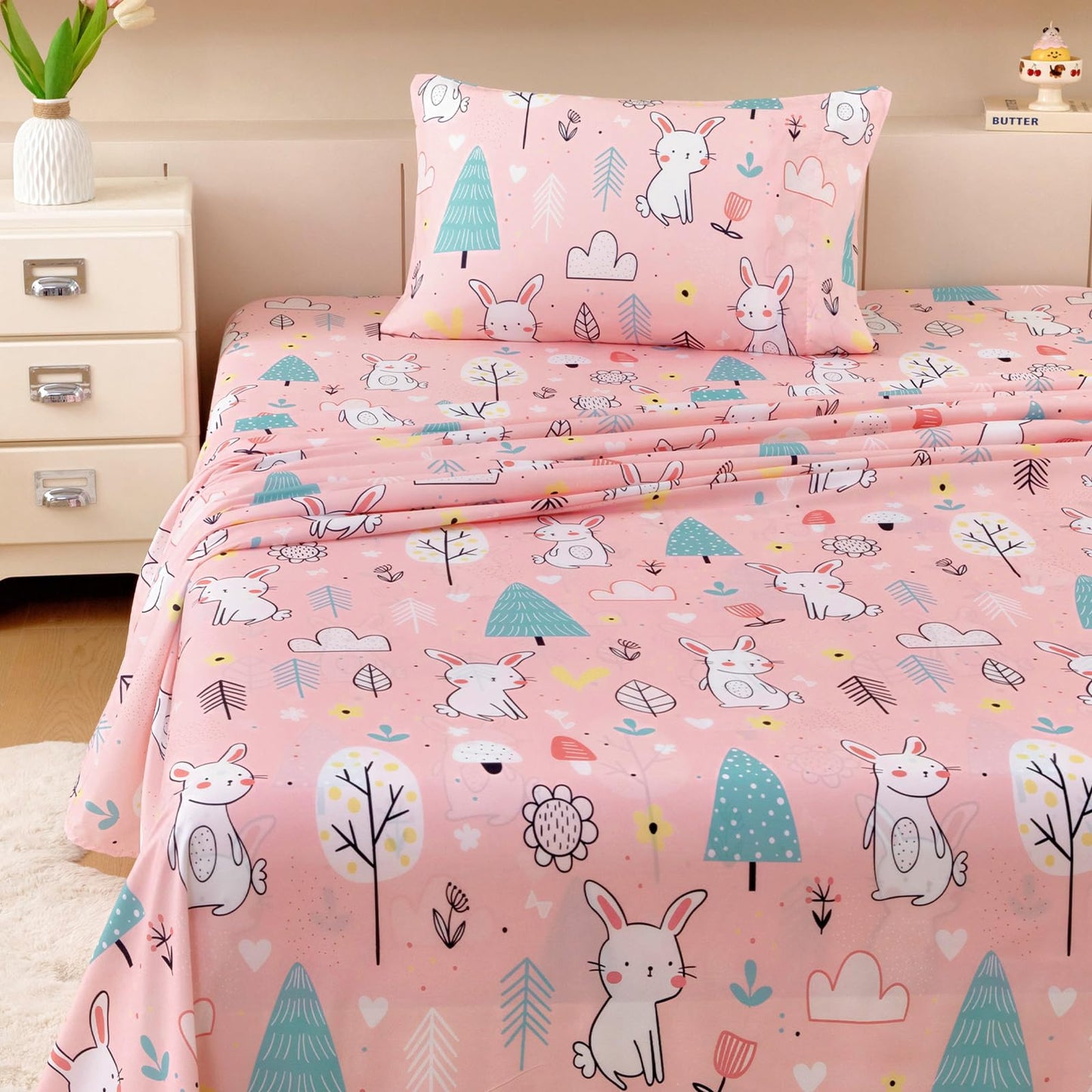 MICORAL Kids Twin Sheet Set Bunny, 3 Pieces Sheets for Boys & Girls, Soft Printed Microfiber Bed Sheets, Deep Pocket Cozy Toddler Bedding Set