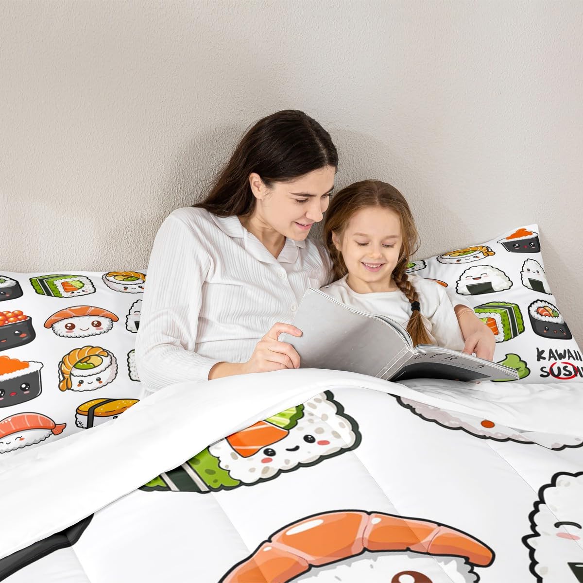 Erosebridal Sushi Pattern Comforter Set Queen, Japanese Style Down Comforter, Food Theme Quilted Duvet for Kids Boys Girls Teens, Cute Cartoon Japanese Sushi Quilt Set Room Decorative
