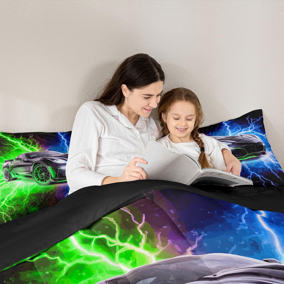 jejeloiu Race Car Kids Comforter Set Twin Size Automobile Bedding Set Blue Green Duvet Quilt for Kids Boys Girls Bedroom Speed Sports Car Decor Microfiber Ultra Soft Breathable