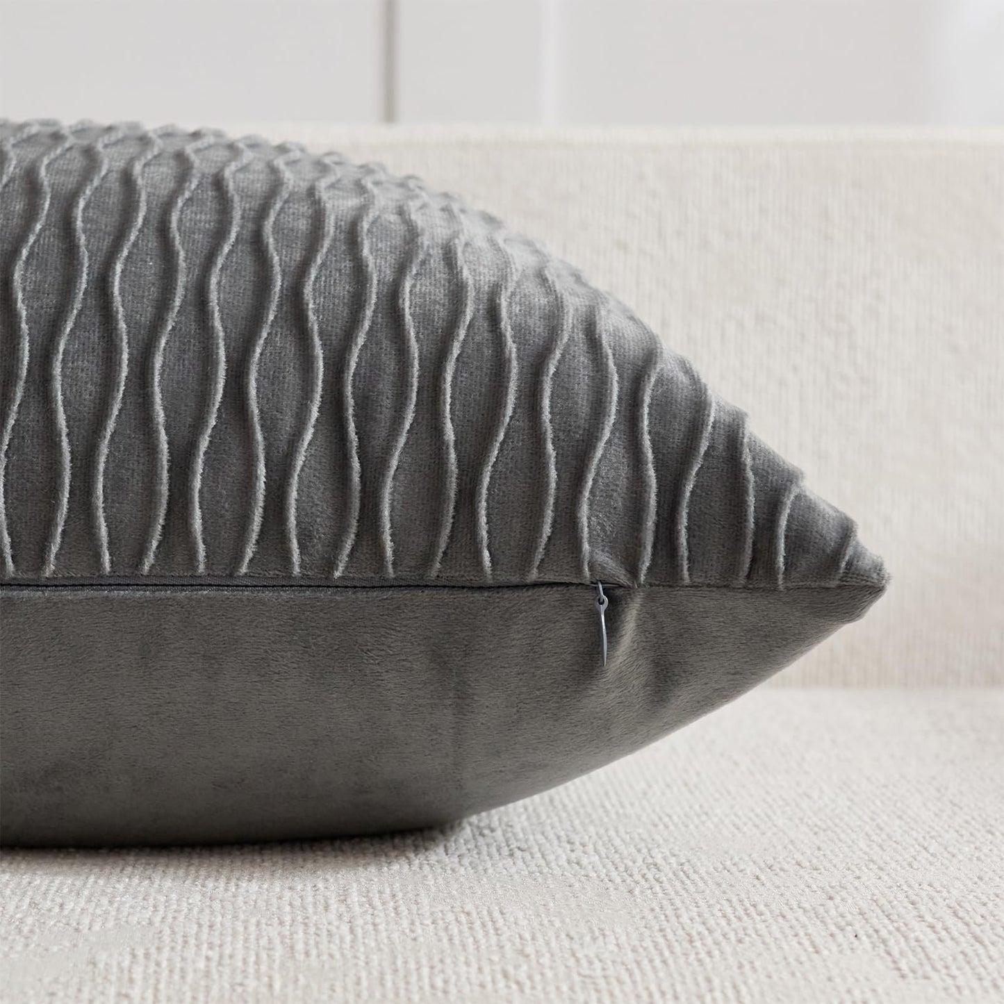 DEZENE Grey Vertical Ripple Striped Decorative Pillow Cases: Pack of 2 18x18 Inch Velvet Square Throw Pillow Covers for Farmhouse Couch Sofa Bed Living Room Home Decor