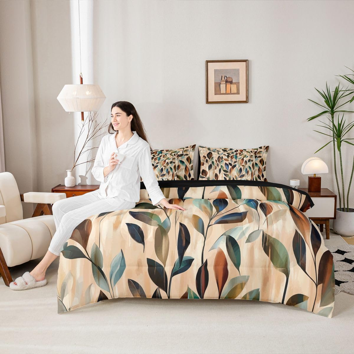 Erosebridal Leaves 7 Pcs Bedding Set Queen Vibrant Floral Comforter Set with Sheets Boho Farmhouse Bed in A Bag Retro 70S Theme Bedroom Decor