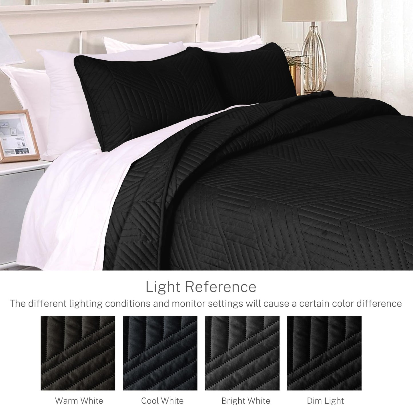 Exclusivo Mezcla Ultrasonic Full Queen Quilt Bedding Set, Lightweight Black Bedspreads Soft Modern Geometric Coverlet Set for All Seasons (1 Quilt and 2 Pillow Shams)