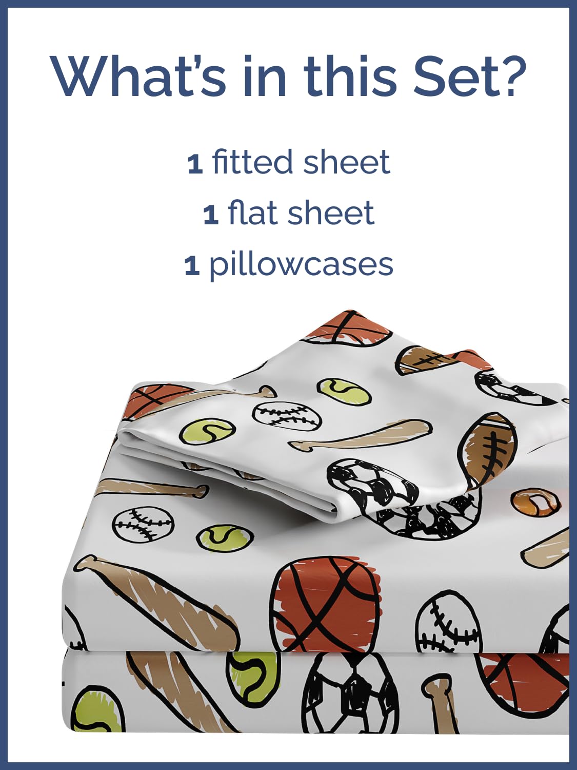 Kids Twin Size Bed Sheet Set - 3 Piece Kids Loft Bed Sheets - Soccer, Basketball, Football, Tennis and Baseball - Soft, Cute - Breathable & Machine Washable - Bed Set for Boys, Girls, Teens & Toddlers