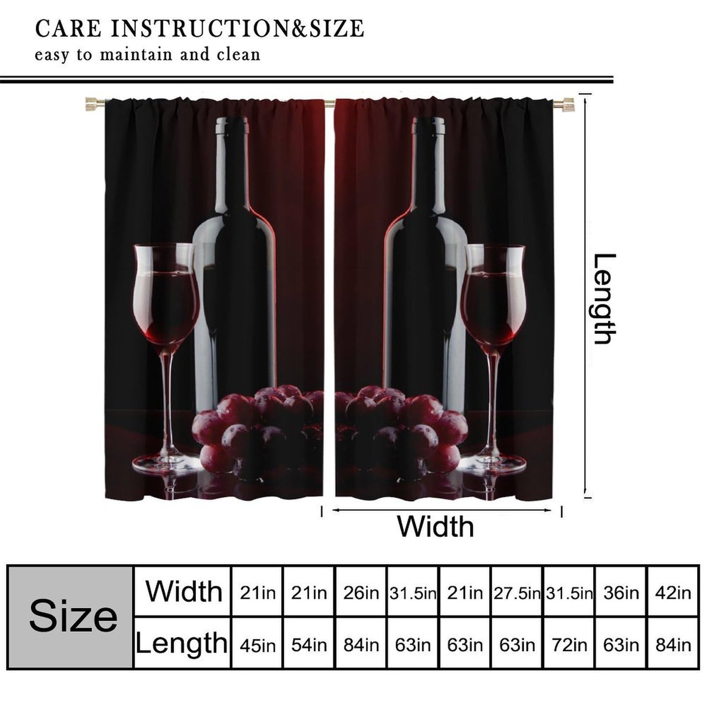 Wine Curtains, Red Wine Bottle Glass Grapes Print, Light Filtering Window Drapes for Kitchen Dining Room Living Room, 20.5" W x 44.5" L, 2 Panels （No Blackout）