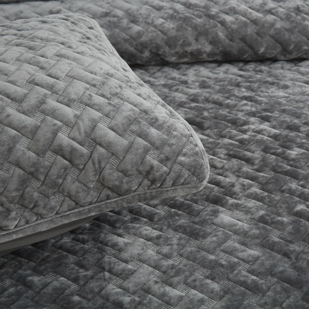Liians Velvet Bedspread Quilt Bedding Sets,Luxury Elegant Ultra Soft Velvet Comforters Coverlet Blankets,Weave Stitching Pattern Cotton Quilted Bedspread for All Seasons,Grey,King Size