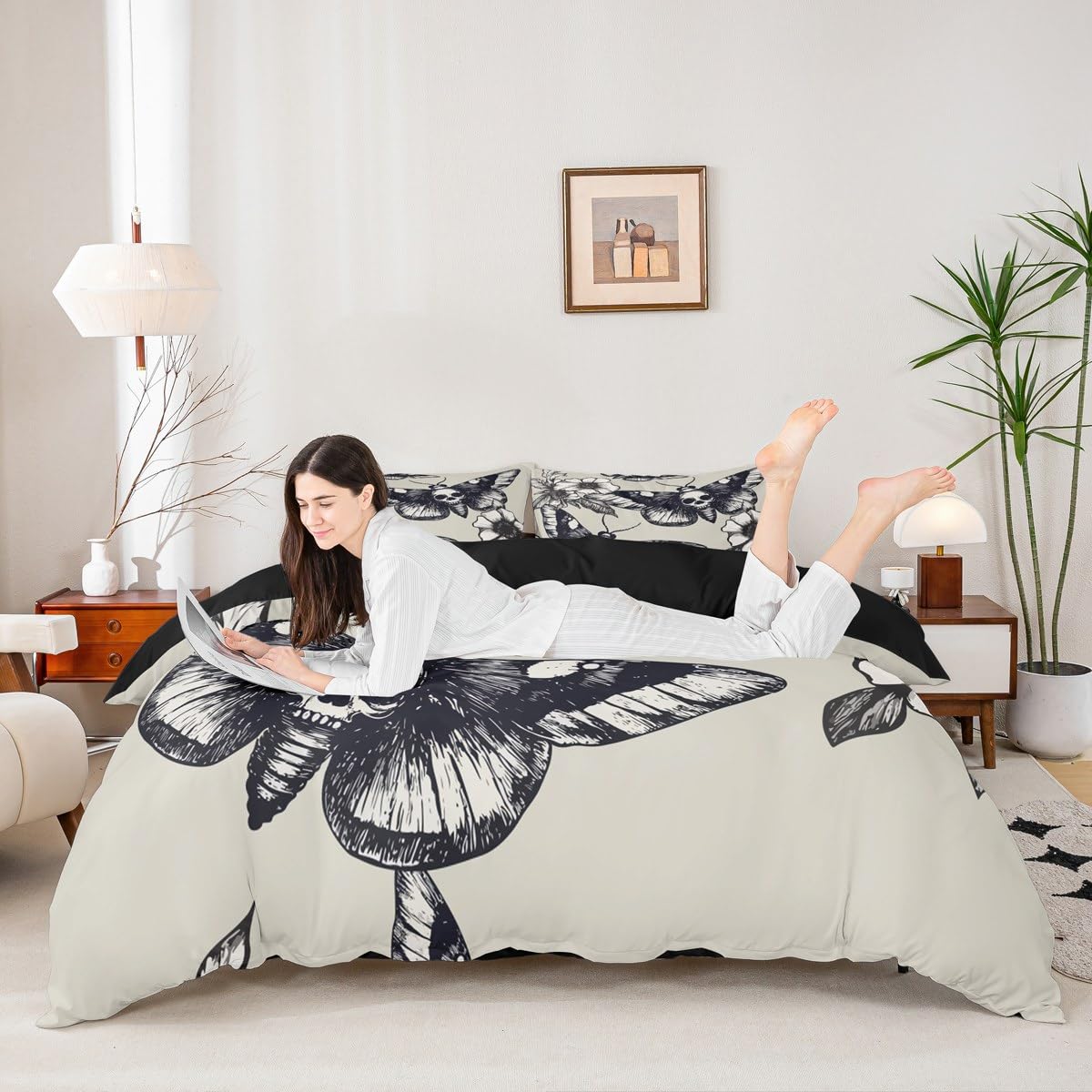 Skull Comforter Cover Set King Size Moth Printed Gothic Style Duvet Cover For Teen Boys Kids Sugar Skull Pattern Botanical Floral Decor Gray White Black Soft Microfiber Bedding Set With Zipper Ties