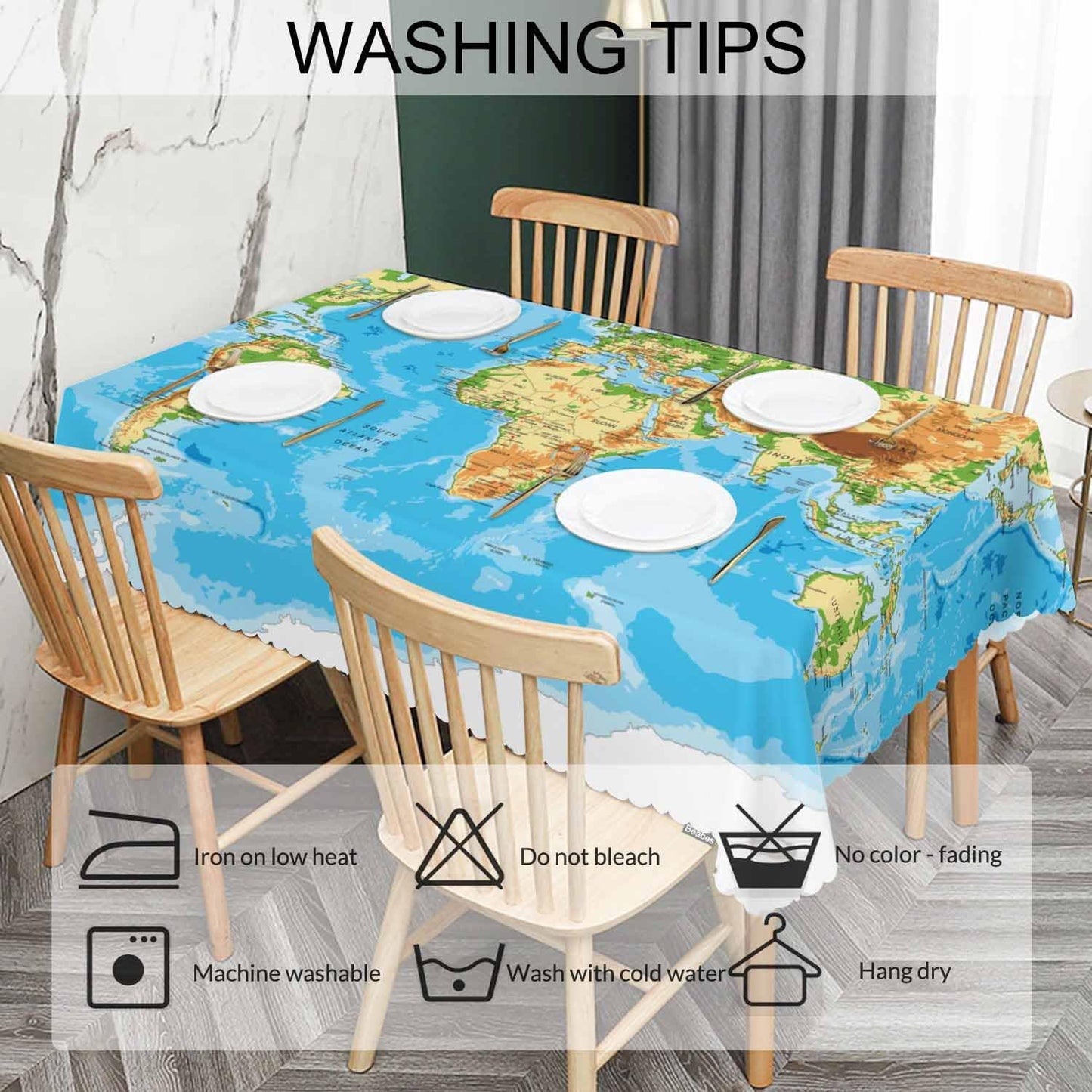 Beabes Tablecloth World Map 52 X 70 Inch, Physical World Map Blue Oblong Table Cloths Anti-Shrink Decorative Table Cover for Kitchen Dinning Tabletop Outdoor Picnic BBQ