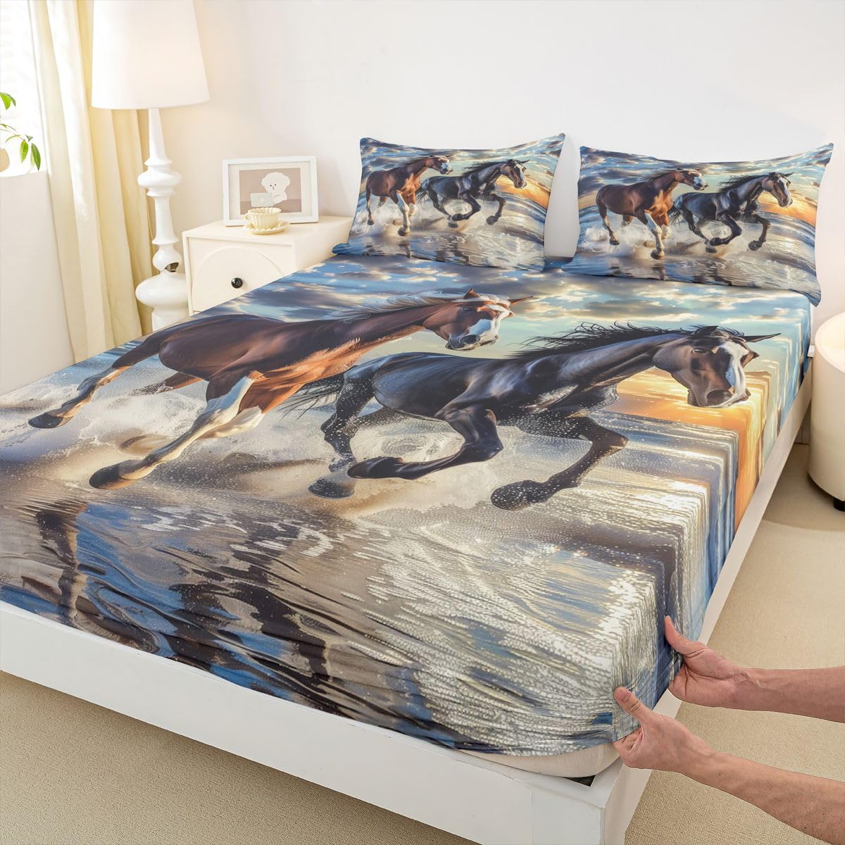 jejeloiu Horse Bed Sheets Set Queen Size Galloping Horse Bed Set for Kids Boys Girls Cute Animal Decor Deep Pocket Fitted Sheet Western Farmhouse Breathable Soft Lightweight Microfiber