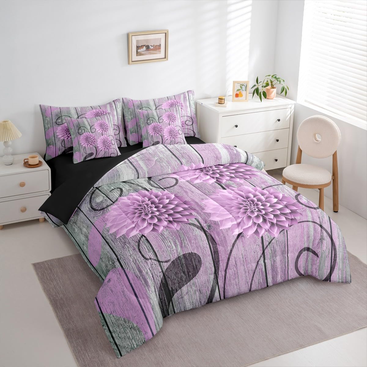Erosebridal Dahlia Bed in A Bag Queen | Farmhouse Flower 7 Piece Comforter Set Floral Boho Sheet Set Breathable Lightweight Vintage Teal Wooden Fitted Sheet Reversible