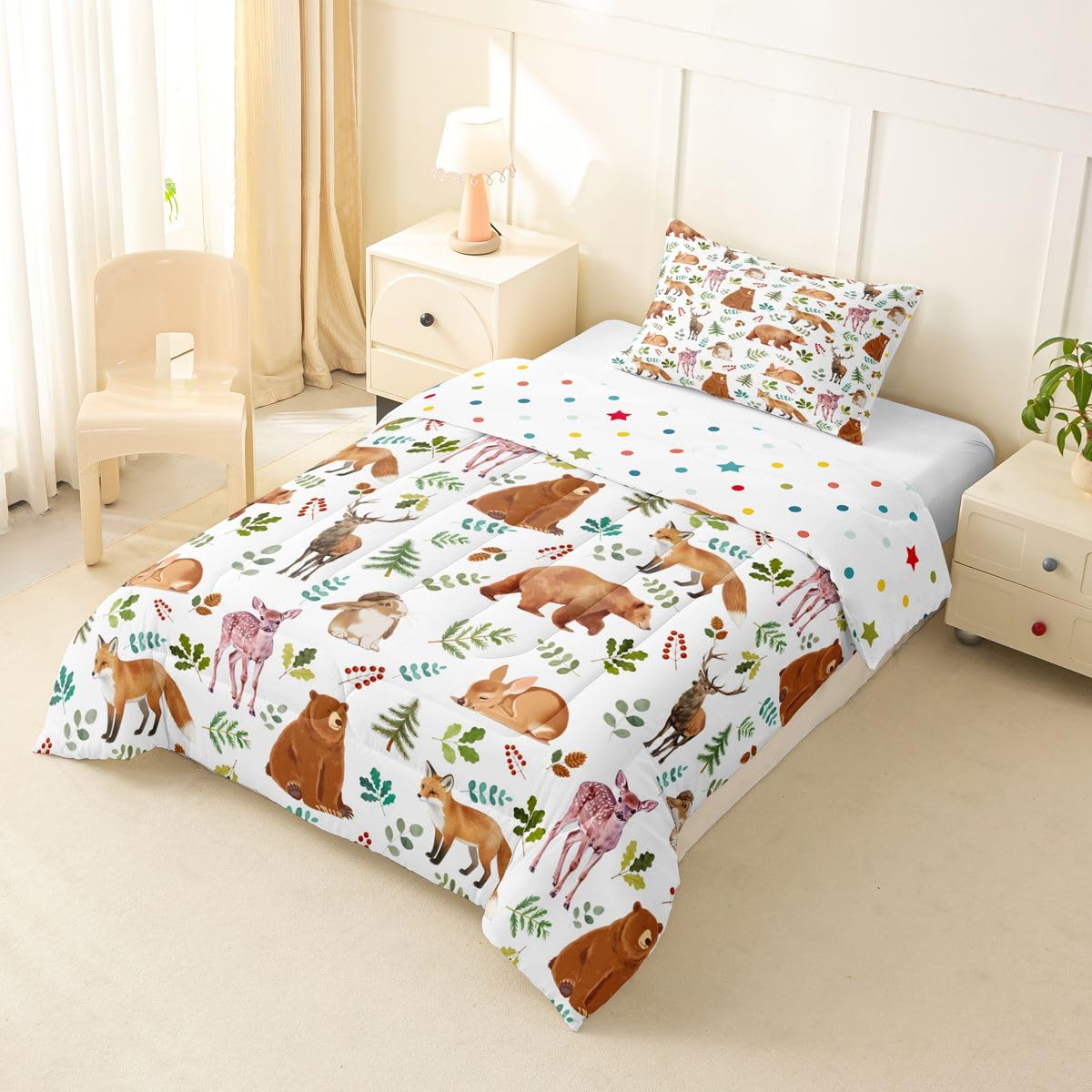 Erosebridal Woodland Forest Animals Twin Bedding Sets for Boys Girls, Cartoon Animal Print Comforter Set for Kids Teen, Cute Bear Deer Fox Rabbit Bed Set, Wildlife Theme Room Decor (1 Pillowcase)