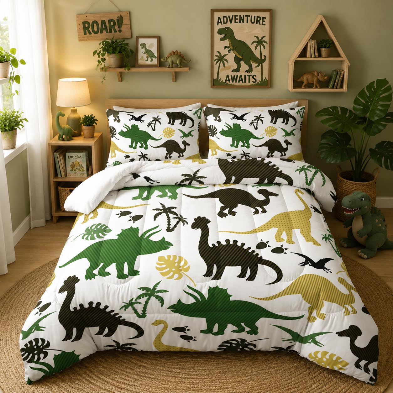 Nttopship Cartoon Dinosaur Comforter Set Twin Size 3 PCS,Green Dinosaur Printed Quilt Set for Bedroom Soft Microfiber All Season Print Quilt Set with 1 Comforter and 2 Pillow Case