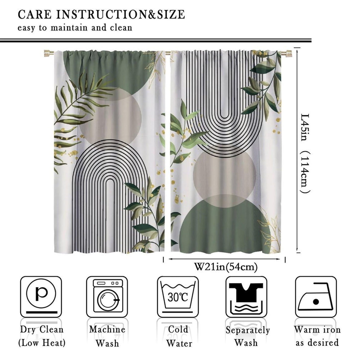 Boho Leaf Curtains, Mid Century Abstract Green Leaves Tropical Plants Modern Minimalist Window Treatments for Bedroom Living Room Kitchen Cafe Bohemian Drapes, 42x45 Inch Decor
