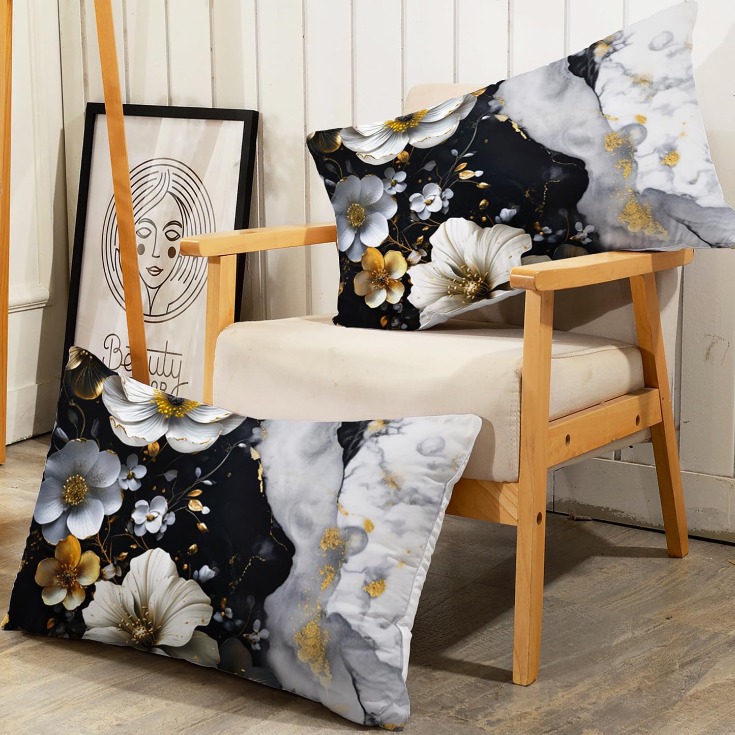 AILONEN Floral Fitted Sheet Set Queen Size, Blossom Marble Pattern Bedding Set for Kids Teens Adults,Black and White Bed Sheet Set,1 Fitted Sheet and 2 Pillowcases,3Pcs