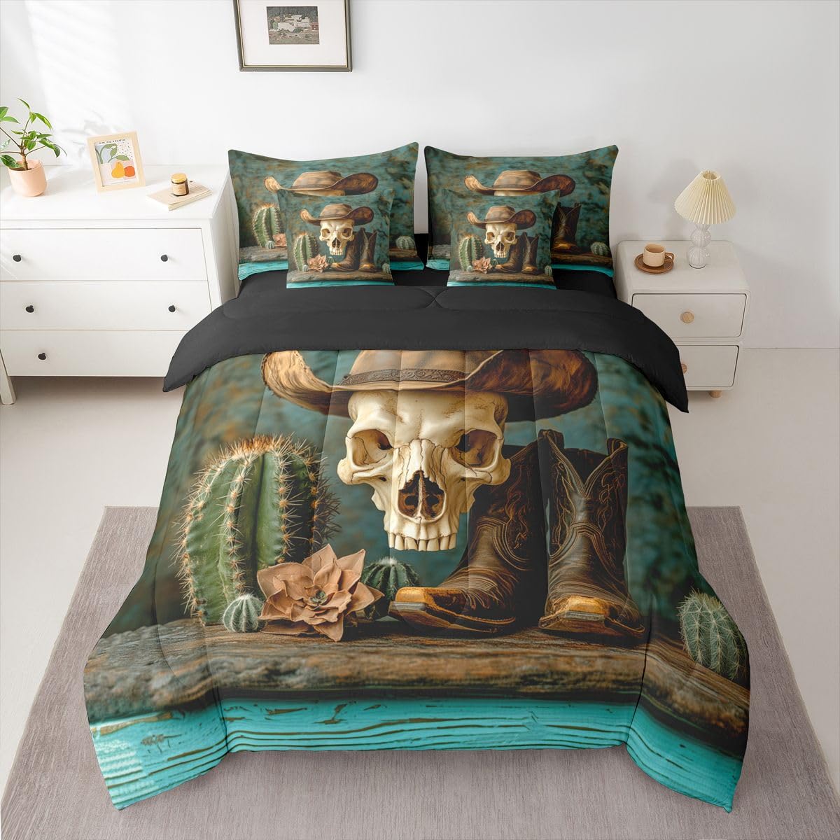 Erosebridal Cowboy Hat 7 Piece Bedding Set Queen Sugar Skull Comforter Set with Sheets Withered Flower Boots Cactus Farmhouse Bed in a Bag Western Theme Bronze Boho for Teens Men Women