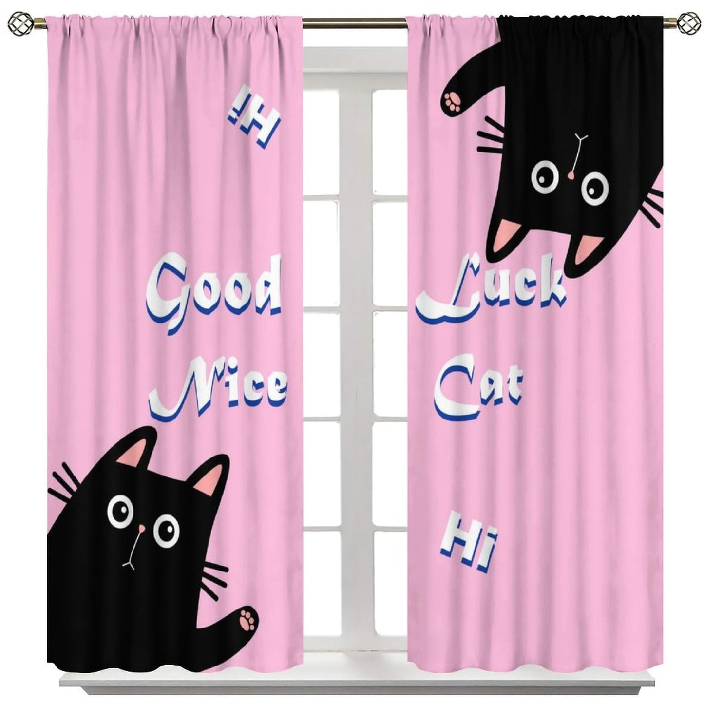 Hazuff Pink Cat Girl Curtains,Cartoon Fantasy Cute Cat Animal Windows Treatments Rod Pocket Drapes for Kids Living Room Bedroom Bathroom 42x44.5in