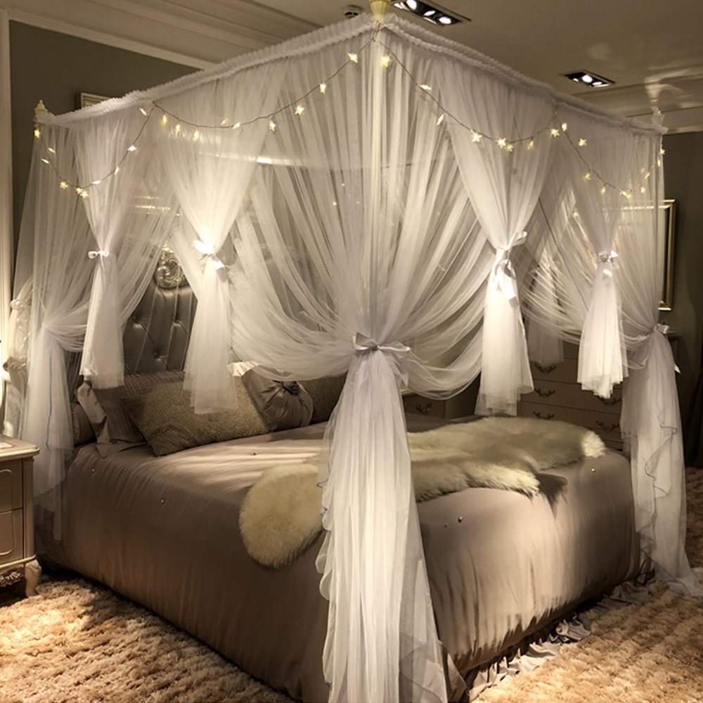Joyreap 4 Corners Post Canopy Bed Curtain for Girls & Adults - Royal Luxurious Cozy Drapes - Cute Princess Bedroom Decoration Accessories (White, Full/Queen)