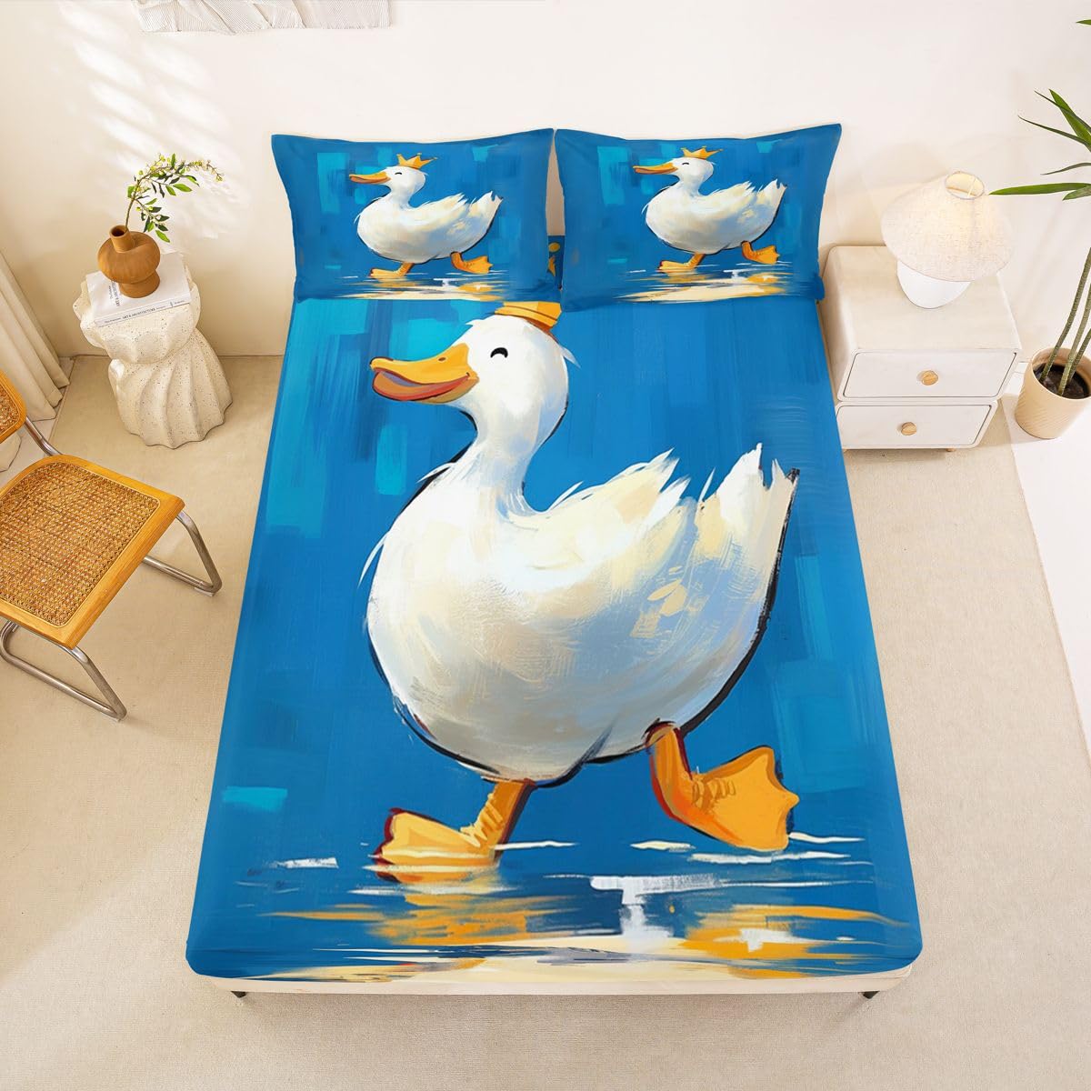 Erosebridal Cartoon Duck Bed Sheets Set Full Crown Duck Sheet Set Fun Whimsical Animal Sheets Farmhouse Pet Flat Fitted Sheet