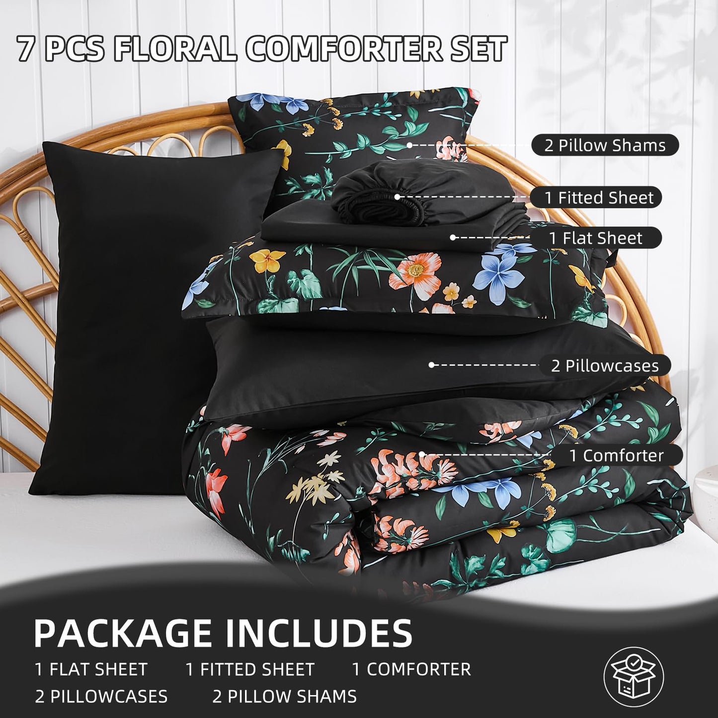 DJY Black Floral Comforter Set King Size,Black Pink Botanical Bedding Comforter Sets,7 Pieces Bed in a Bag Lightweight Microfiber Comforter Set with Sheets Pillowcases & Shams for All Seasons