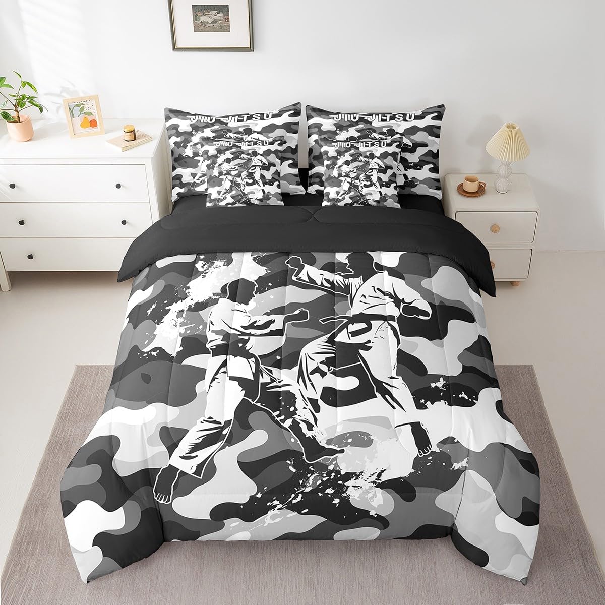 Manfei 7 Pieces Jiujitsu Comforter Set Full Size, Japanese Judo Sports Theme Bedding Set, Grey Camouflage Print Bed in A Bag with Comforter, Sheets and Pillowcases, Kids Boys Teen Room Decor