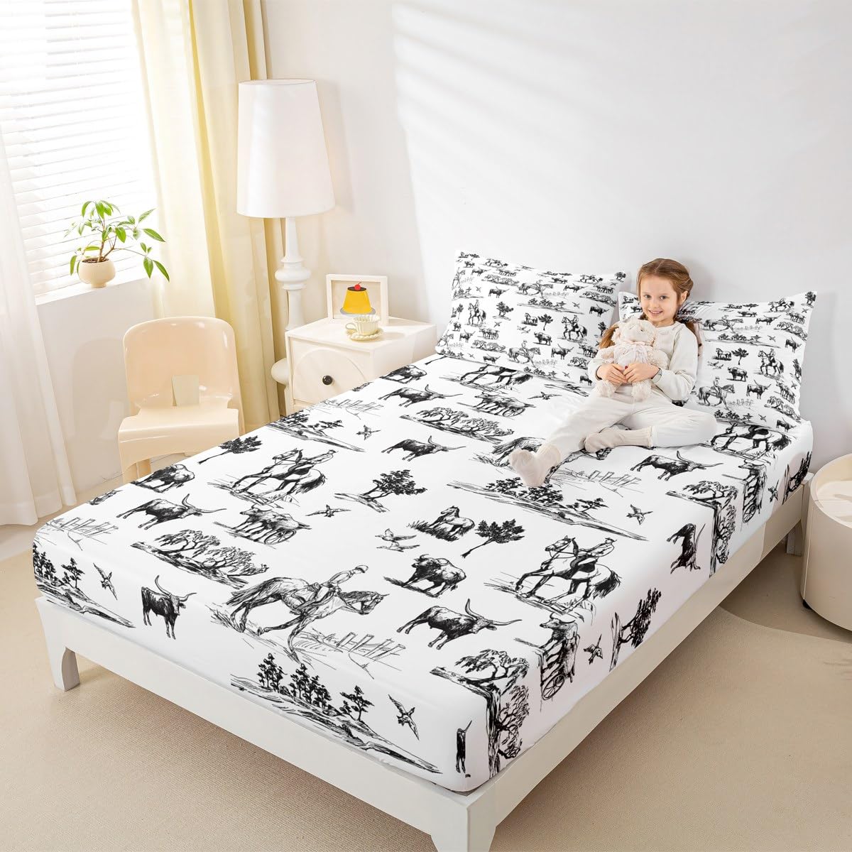 Western Sheet Set Twin Size Sketch Cowboy Cow and Horse Bedding Set 3Pcs Farm Animal Bed Sheet for Kids Boys Girls Adult Room Decor Black White Rustic Farmhouse Fitted + Flat Sheet,1 Pillowcase