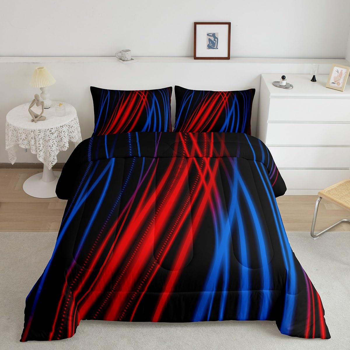 Feelyou Red Blue Stripes Comforter Full Size Ombre Red Blue Black Reversible Comforter Set for Boys Girls Children Abstract Bedding Set Room Decor Modern Art Duvet Set 3Pcs