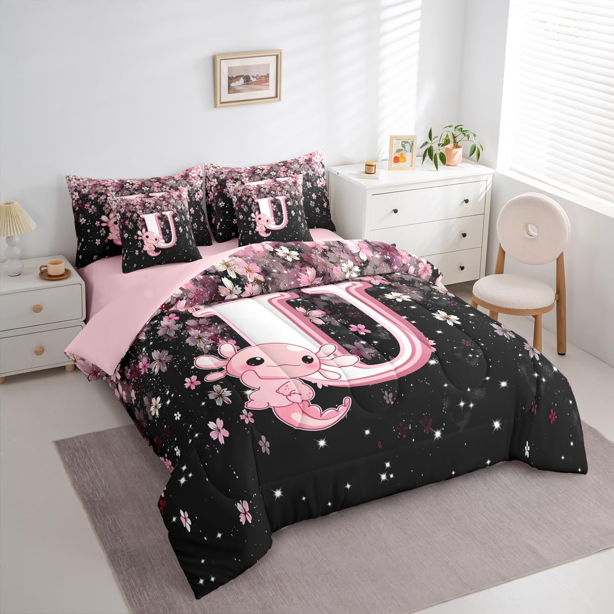 Erosebridal Pink Axolotl Bedding Set for Teen Girl (Pink Black,7Pcs,Twin Size) - Cute Initial Letter U Bed in A Bag Cherry Blossom Comforter Set Girly Preppy Cute Axolotl Quilt with Initial Design