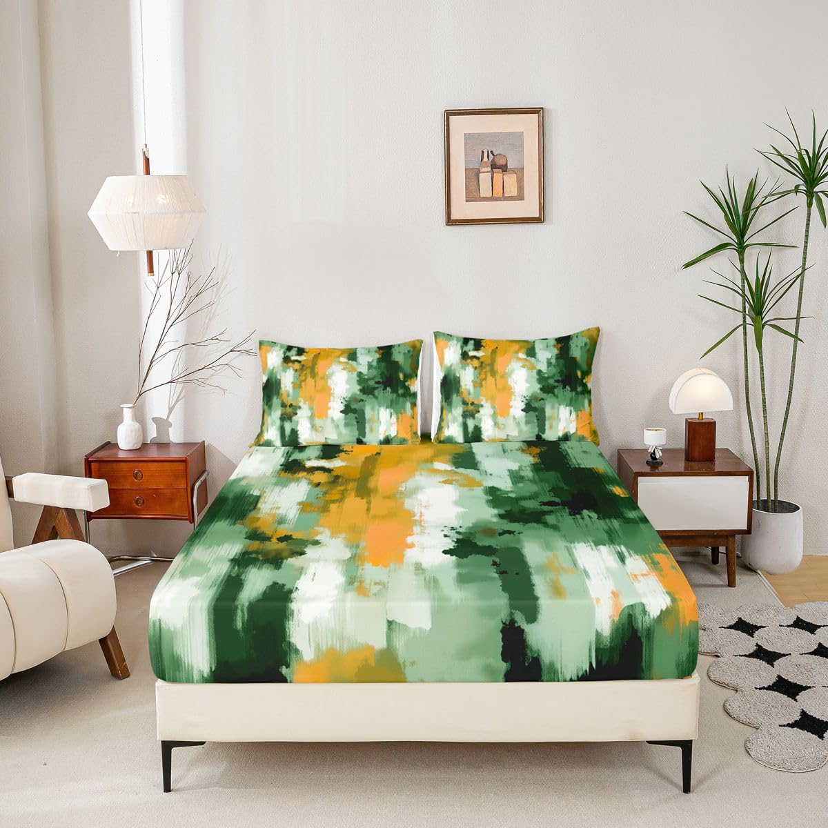 Feelyou Modern Abstract Fitted Sheet Queen Size for Kids Boys Girls Abstract Bed Sheets Set 16" Deep Pocket Soft Breathable Microfiber Green Yellow Bedding with 2 Pillowcases Room Decor