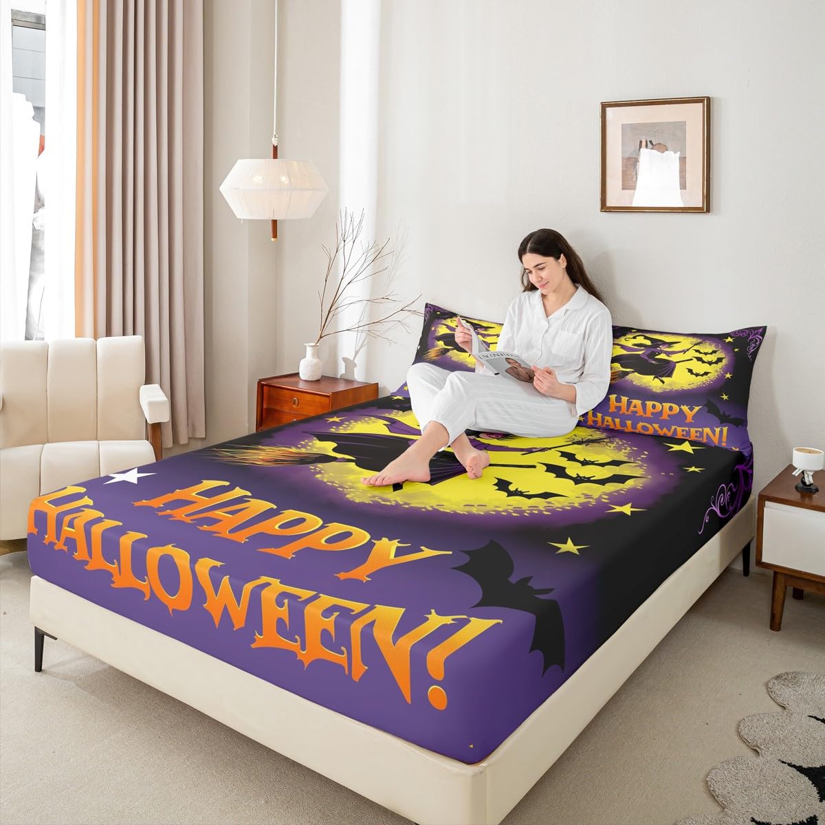 Feelyou Happy Halloween Fitted Sheet Full Size for Kids Boys Girls Magic Broom Bed Sheets Set 16" Deep Pocket Soft Breathable Microfiber Witch Bedding with 2 Pillowcases Halloween Decor Room Decor