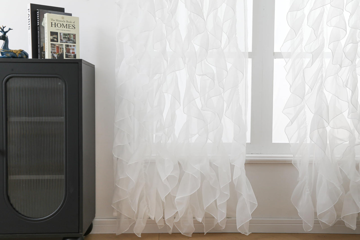 ZJMUV TEX Cascade Farmhouse Shabby Chic Sheer Voile Vertical Ruffled Waterfall Window for Bedroom Living Room Curtain Panel 2 Panels (White, 84" L x 50" W)