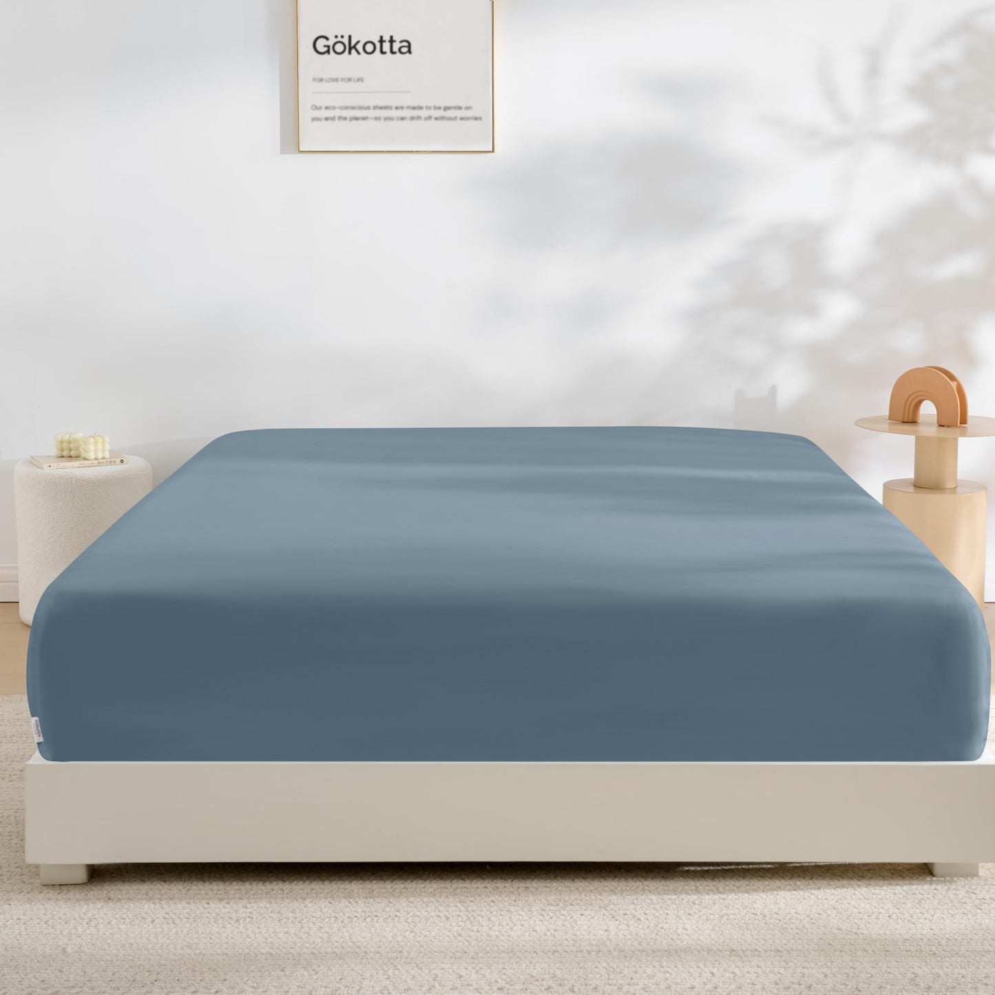 GOKOTTA Fitted Sheet King Only,100% Rayon Derived from Bamboo Fitted Sheet,Ultra Soft,Cooling and Breathable Bottom Sheet with 4 Elastic Corner Straps,No Slip,No Pilling,16" Deep Pocket-Blue